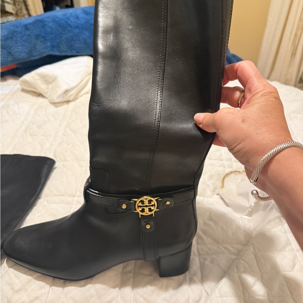 Tory Burch Black Leather Heeled Boots with Gold Accent